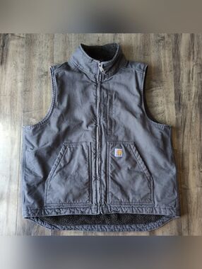 Carhartt Sherpa Vest Loose Fit Men L Gray Washed Duck Canvas Mock Neck 104277